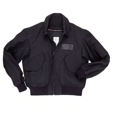 Black CWU 45P bomber jacket with front zipper, stand collar, and flap chest pockets