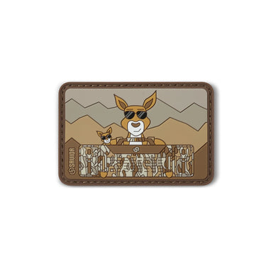 Kangaroo Dad patch with cartoon kangaroo and small kangaroo, brown and tan fabric border
