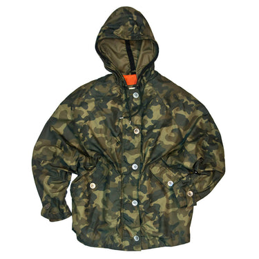 Woodland camo parachute jacket with hood, snap buttons, and dark front panel