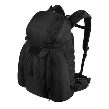 Black 35L tactical backpack with front flap pocket and adjustable shoulder straps