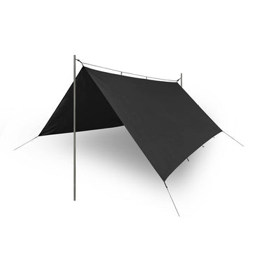 Black shelter cape with slanted panel and triangular side panel, outdoor shelter