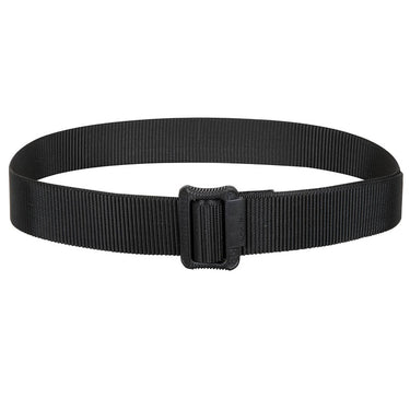 Black tactical belt with sturdy woven webbing strap and quick-release buckle