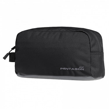 Black fabric travel toiletry pouch with zip and Pentagon logo patch