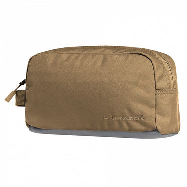 Coyote brown fabric travel toiletry pouch with zip and Pentagon logo patch