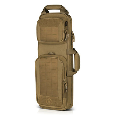 Tan rifle case with padded top and front compartments, MOLLE-style panels, carry handle