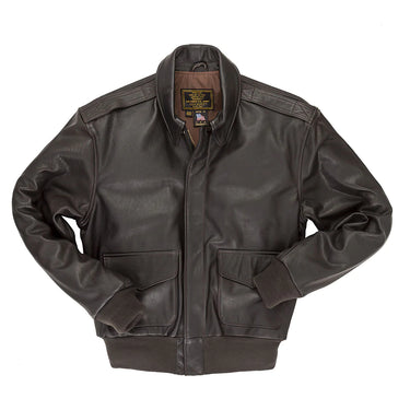 Dark brown leather A-2 flight jacket with stand collar and front zip closure