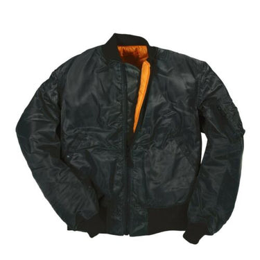 Black MA-1 bomber jacket with orange lining, zip front, ribbed cuffs and hem