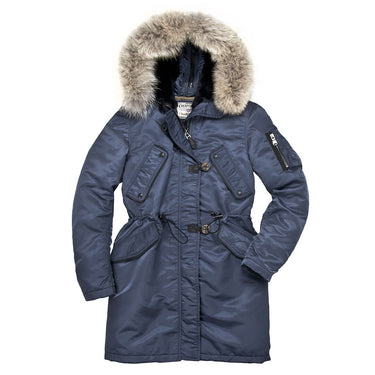 Women's N-3B parka in sapphire blue with faux-fur hood trim and front pockets