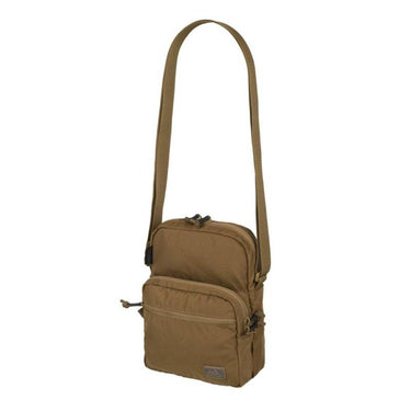 Compact shoulder bag, coyote tan, front zip pocket and adjustable shoulder strap