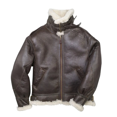 Shearling-collar B-3 style leather bomber jacket, dark brown with front zipper