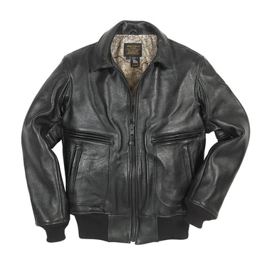 Black lambskin bomber jacket with stand collar, zip front, and two zip chest pockets