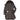 Leather coat with dark fur hood lining, quilted inner section, belted waist