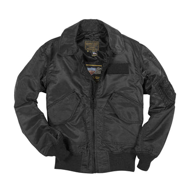 Black flight jacket with front zipper and flap chest pockets
