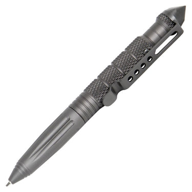 Gunmetal tactical defender pen with textured grip and side cutout clip