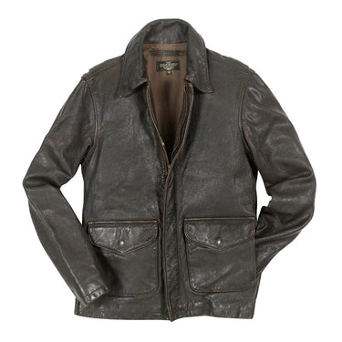 Men's dark brown leather jacket with front zipper and two chest pockets