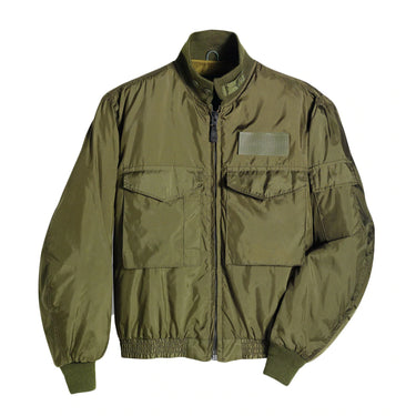 Olive zip-front field jacket with snap pockets and rib-knit cuffs