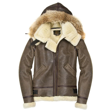Brown hooded sheepskin jacket with faux-fur collar and full zip front