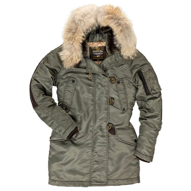 Sage green N-3B long parka with fur-trimmed hood and buttoned front