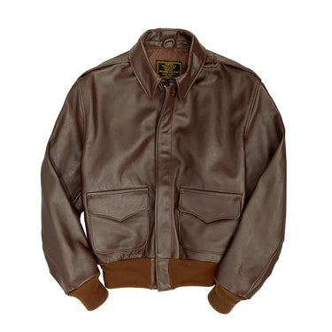 Brown leather A-2 jacket with zip front, stand collar, and ribbed cuffs