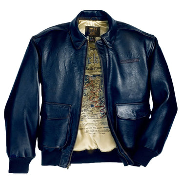 Women’s A-2 lambskin leather jacket, navy, front zip, two flap pockets