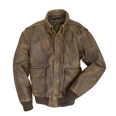 Brown leather A-2 bomber jacket with zip front and two chest pockets, stand collar.