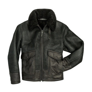 Black shearling leather jacket with raised collar, front zip, and chest pockets