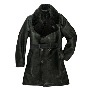 Black shearling leather trench coat with shearling collar, double-breasted belt