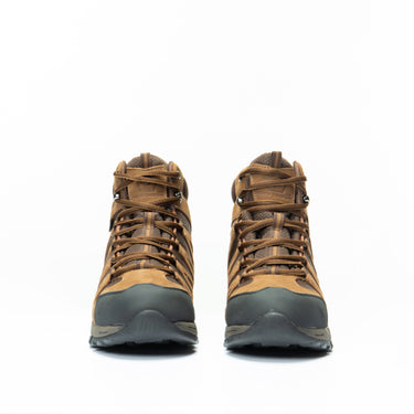 Terra brown 6-inch lace-up boot pair, front view with metal eyelets and patterned laces