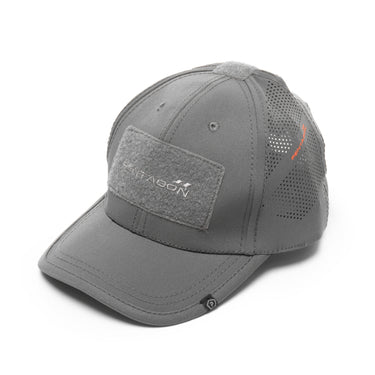 Gray tactical baseball cap with mesh side panels and rectangular hook-and-loop patch.