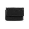 Black fabric wallet with foldover flap and embossed logo.