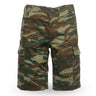 Camouflage cargo shorts with side cargo pockets and button closure