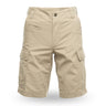Khaki BDU cargo shorts with button fly and side cargo pocket flaps