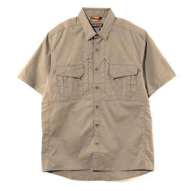 Khaki short-sleeve tactical button-up shirt with two chest pockets and collar.