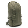 Nylon backpack in olive green with front pocket and webbing straps