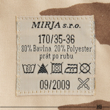 Size and care label on desert camo field shirt, '170/35-36' and '09/2009'