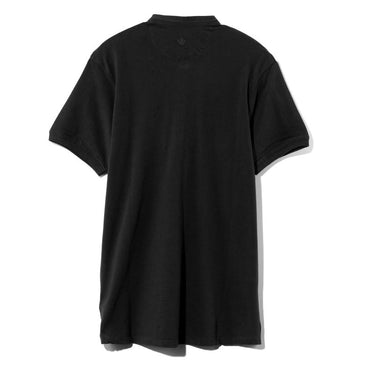 Black henley shirt, short sleeves, back view with small neck detail
