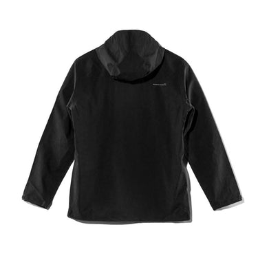 Black hooded rain shell jacket with full zip front and long sleeves.