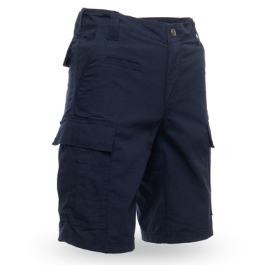 Navy cargo shorts with flap cargo pockets and button waistband