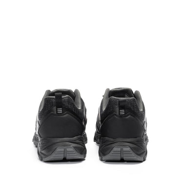 Black trekking shoes rear view with padded collar and lace-up closure