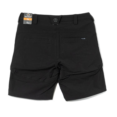 Black utility shorts with belt loops and back half elastic waistband