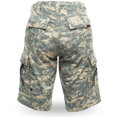 Camouflage tactical cargo shorts with flap pockets, UCP pixel camouflage pattern