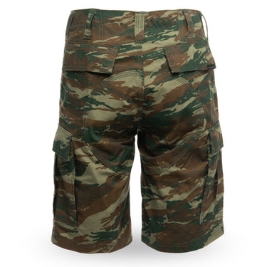 BDU camo cargo shorts with multiple flap pockets and belt loops