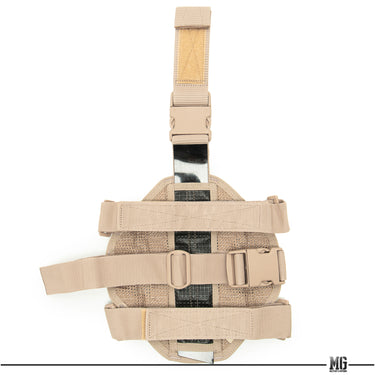 Khaki MOLLE leg base with adjustable buckles and webbing straps, showing inner panel