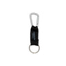 Silver carabiner with black fabric strap and metal keyring loop