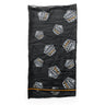 All-weather neck gaiter, flat, in black with small repeating logo patches and orange edge