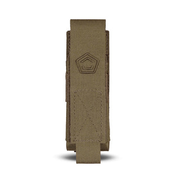 Tan pistol magazine pouch with hook-and-loop flap and shield logo patch