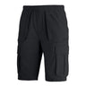 Black functional shorts with cargo thigh pockets and elastic drawstring waist