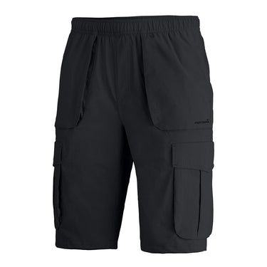 Black functional shorts with cargo thigh pockets and elastic drawstring waist