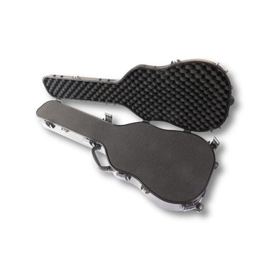 Black rifle case open, showing interior foam compartments and securing straps