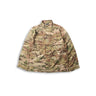 Multicam camo hooded jacket with front zipper and button placket